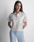 DKNY Petite Crinkle Short-Sleeve Camp Shirt