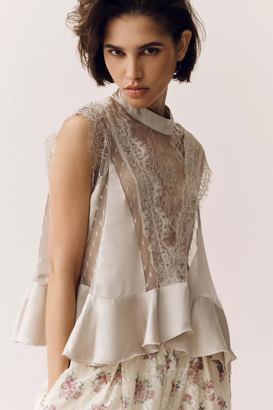 By Anthropologie Sheer Lace Peplum Blouse