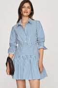 Cotton Blend Shirt Collar Dress with Exaggerated Sleeves