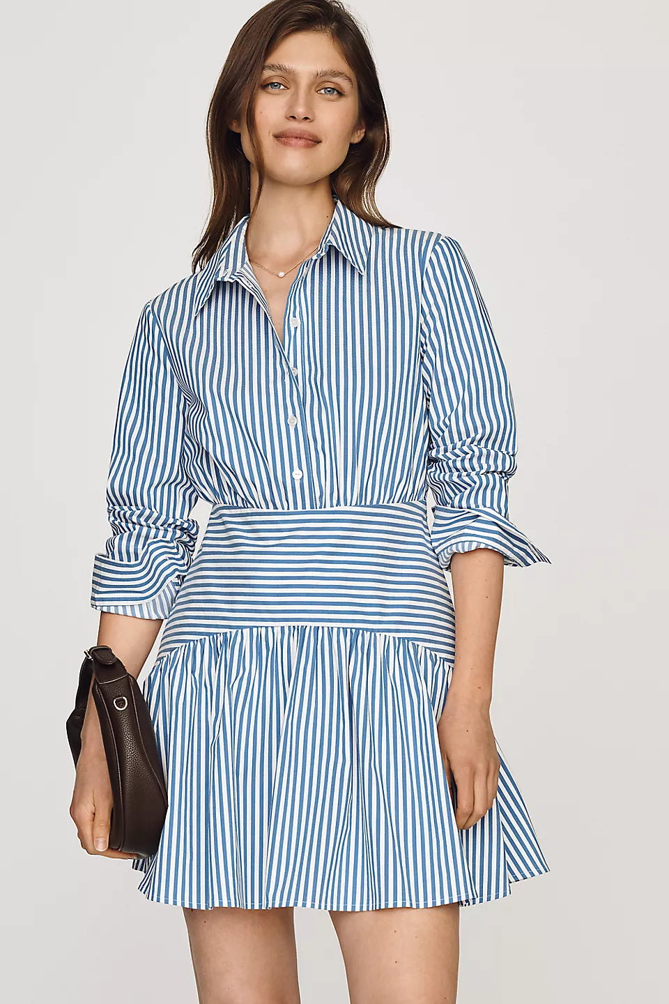 Cotton Blend Shirt Collar Dress with Exaggerated Sleeves