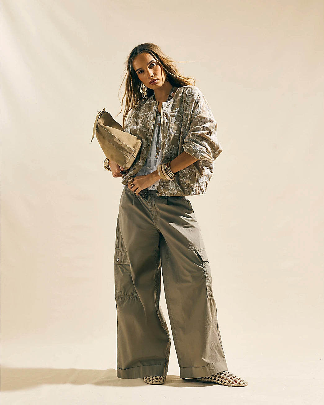 Beige Floral Embroidered Bomber Jacket