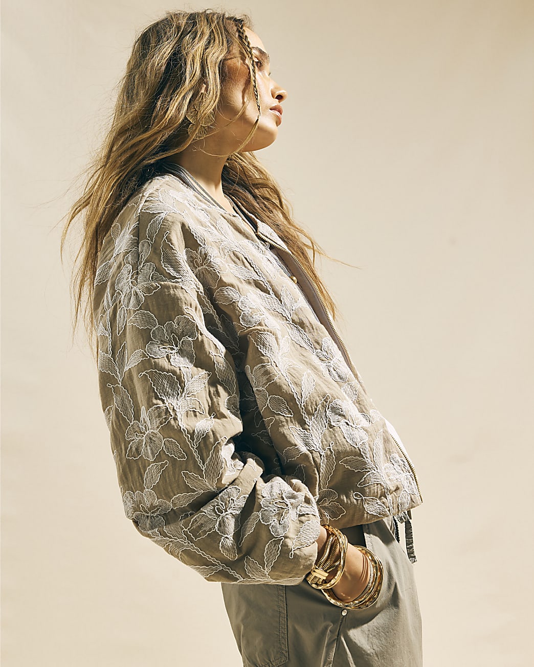 Beige Floral Embroidered Bomber Jacket