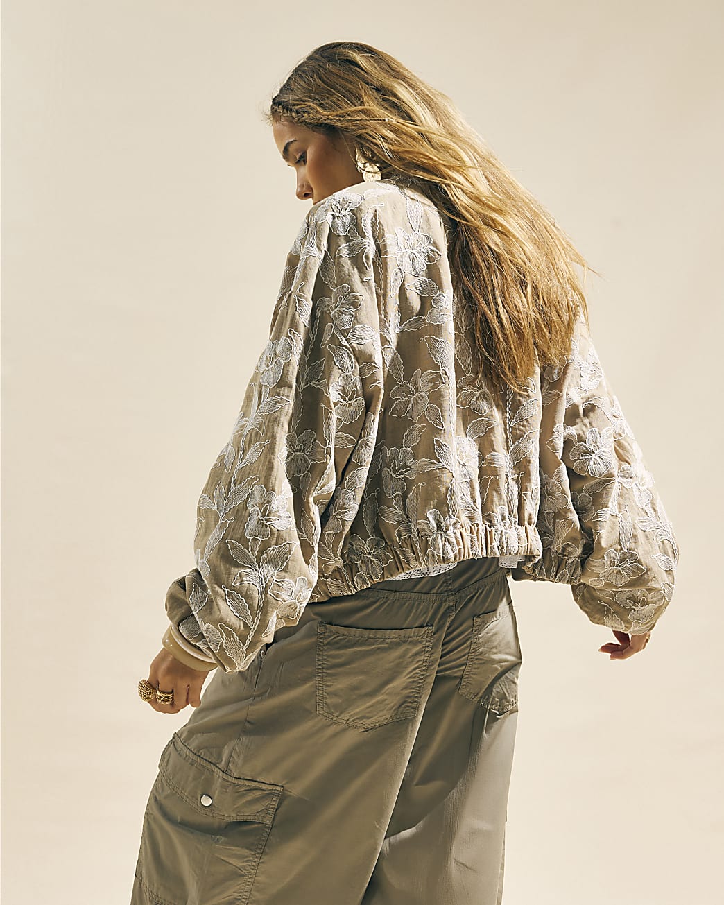 Beige Floral Embroidered Bomber Jacket
