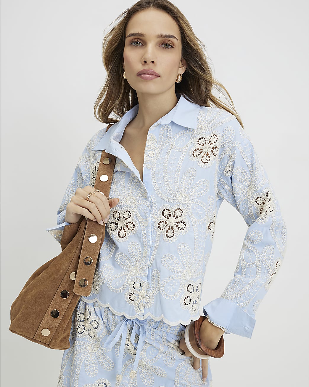 Blue Embroidered Crochet Shirt